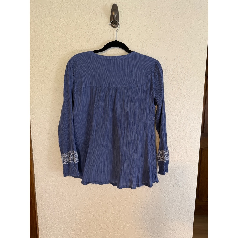 Lucky Brand Embroidered Peasant Top Blue L Womens Popover Boho Gauze Blouse - Picture 11 of 14